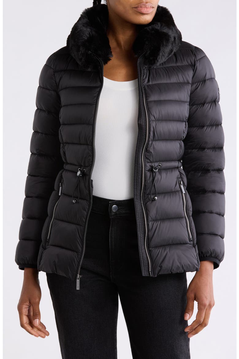 Faux Fur Collar Packable Anorak, Main, color, BLACK