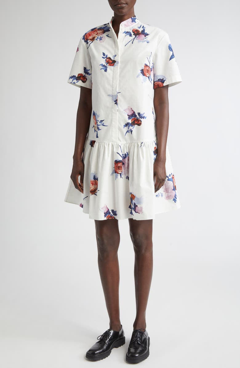 Erdem Short Sleeve Cotton Poplin Mini Shirtdress, Main, color, Painted Rose Bouquet White