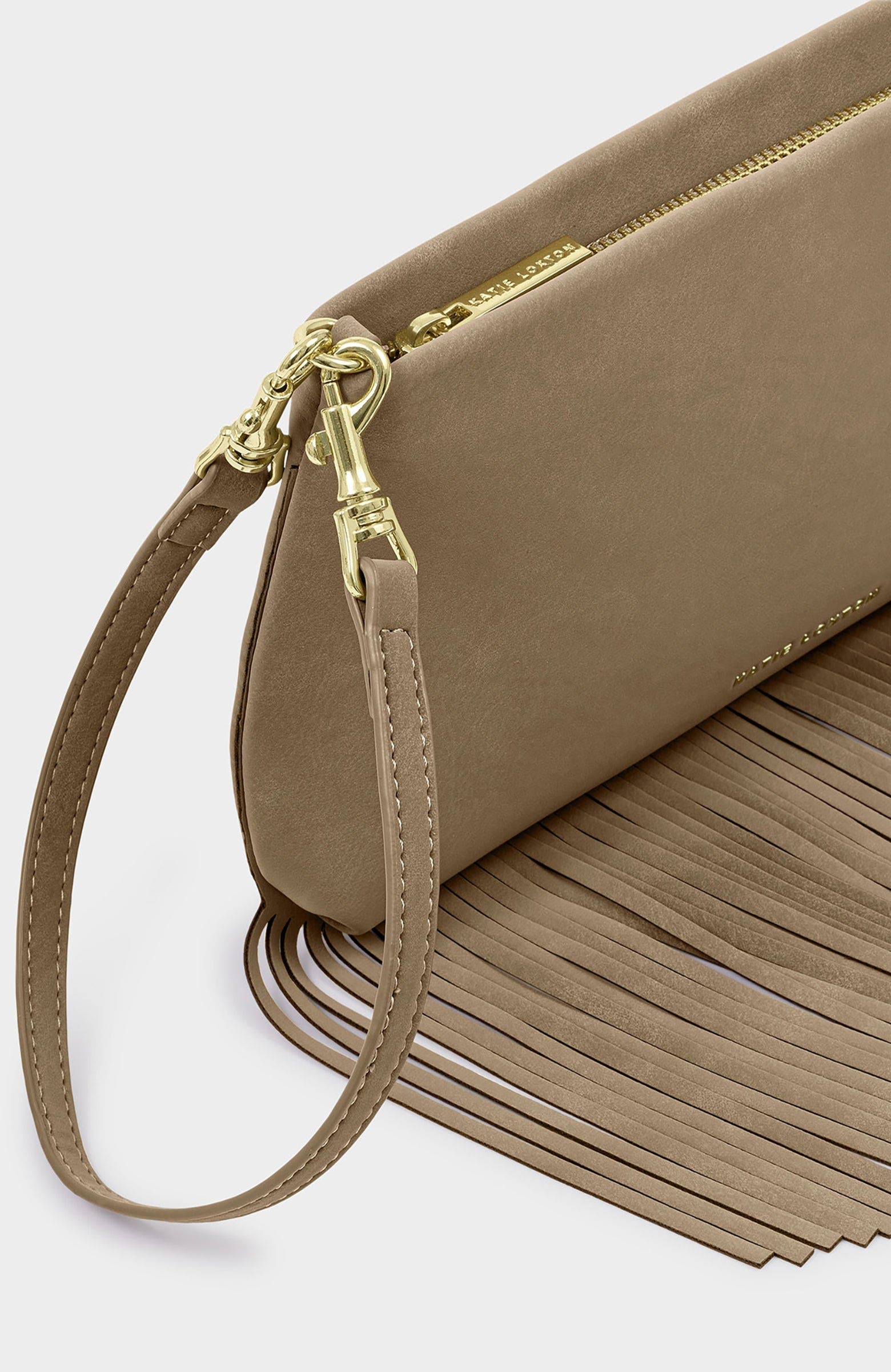 Katie Loxton Cali Fringe Small Shoulder Bag, Alternate, color, Taupe Suedette