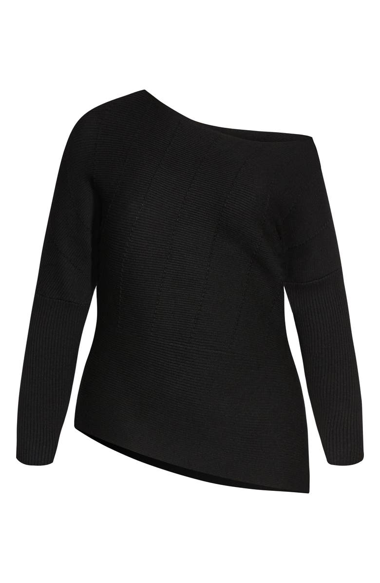 City Chic Lean In One-Shoulder Rib Sweater, Alternate, color, Black