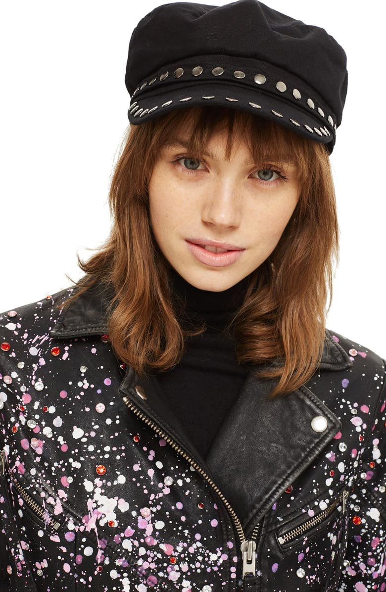 Topshop Studded Baker Boy Cap, Main, color, 