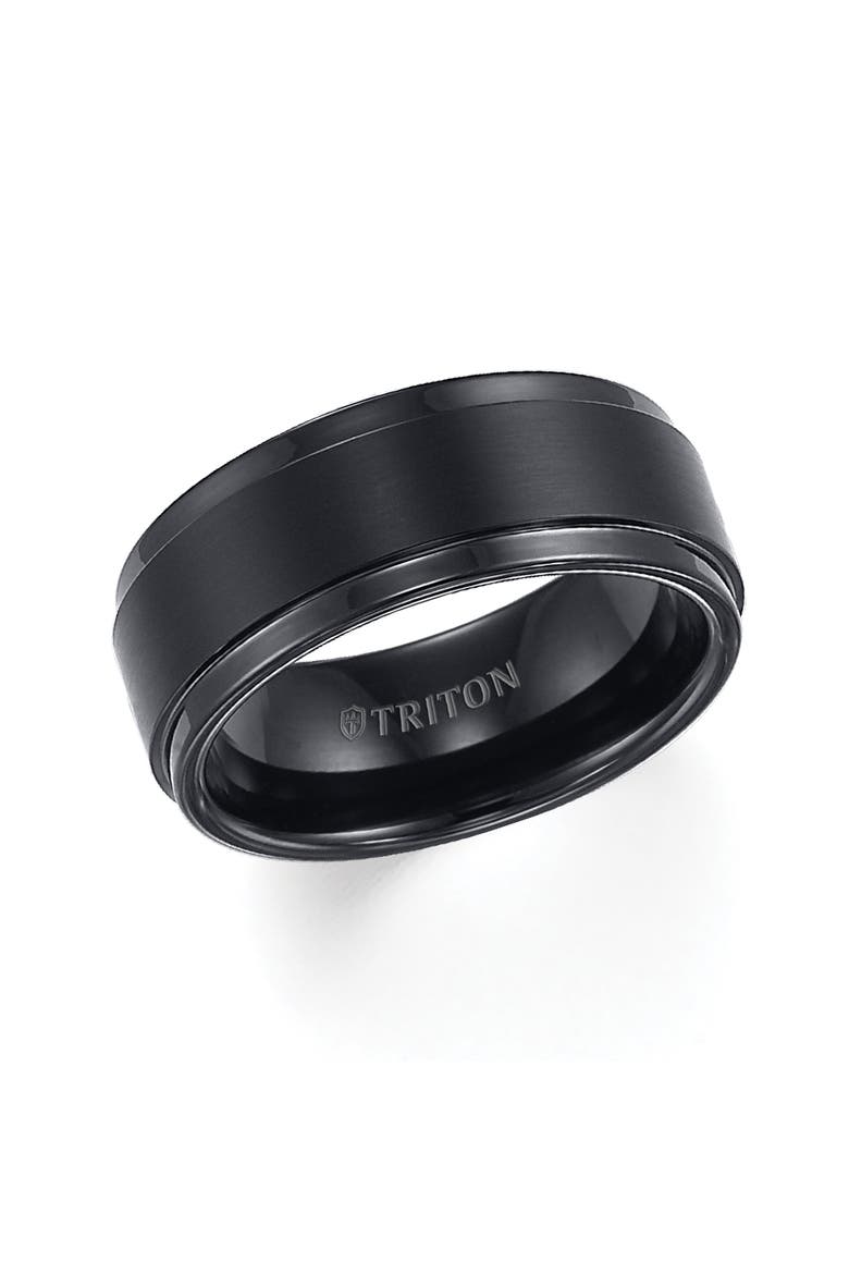 9MM Tungsten Carbide Ring with Brushed Finish and Step Edge, Alternate, color, Black