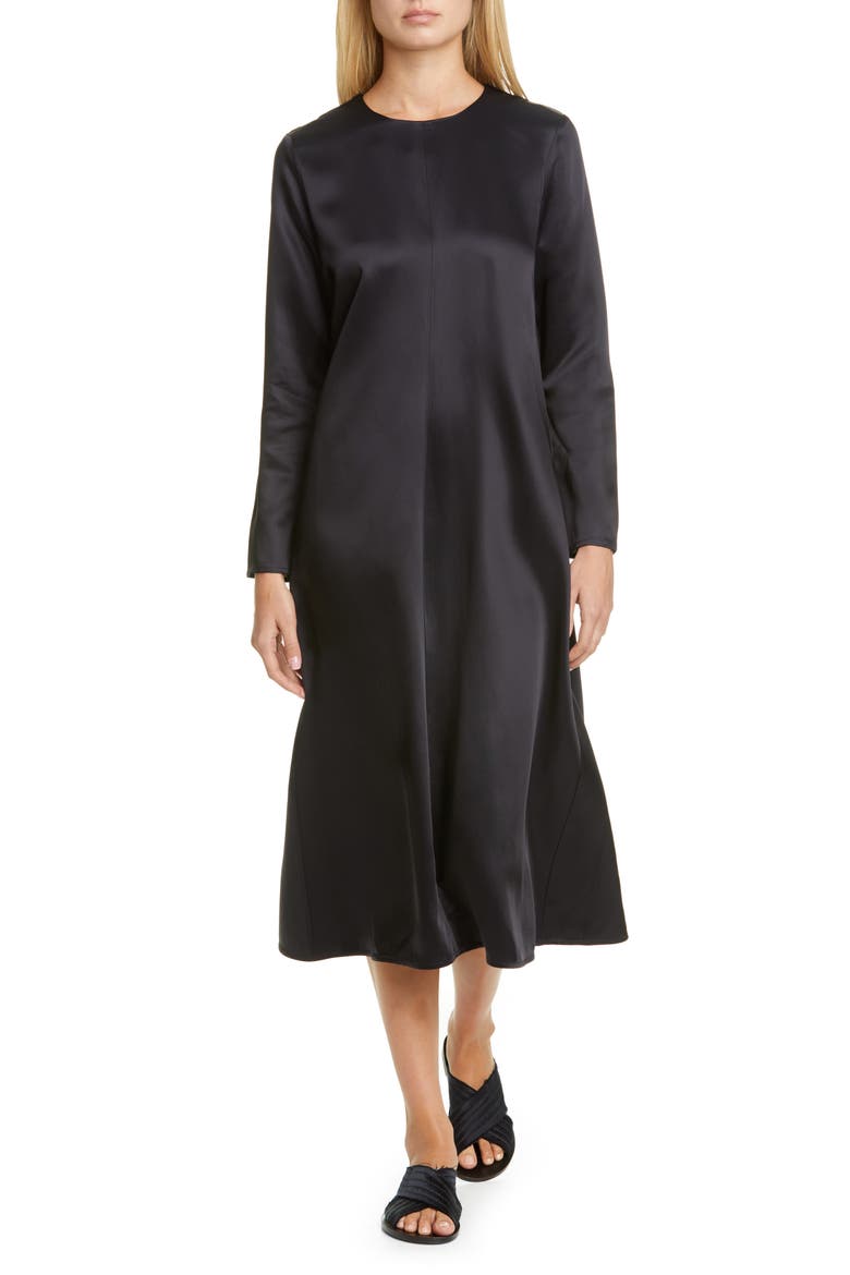 Long Sleeve Satin Midi Dress, Main, color, NAVY