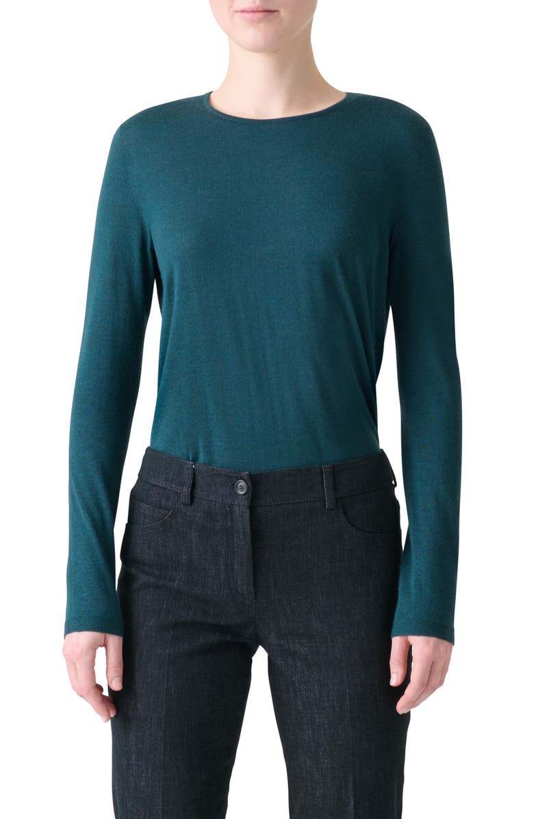 Akris Fine Gauge Cashmere & Silk Crewneck Sweater, Main, color, River Green