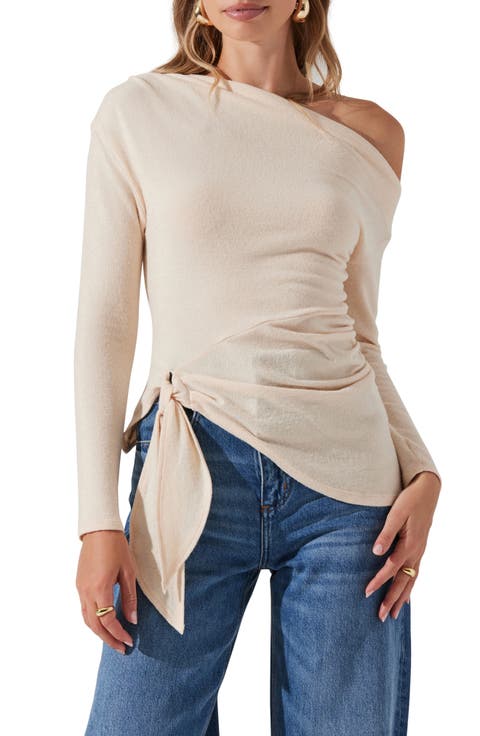 One-Shoulder Tie Hem Knit Top