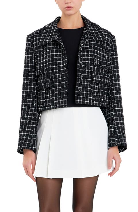 Windowpane Check Tweed Crop Blazer