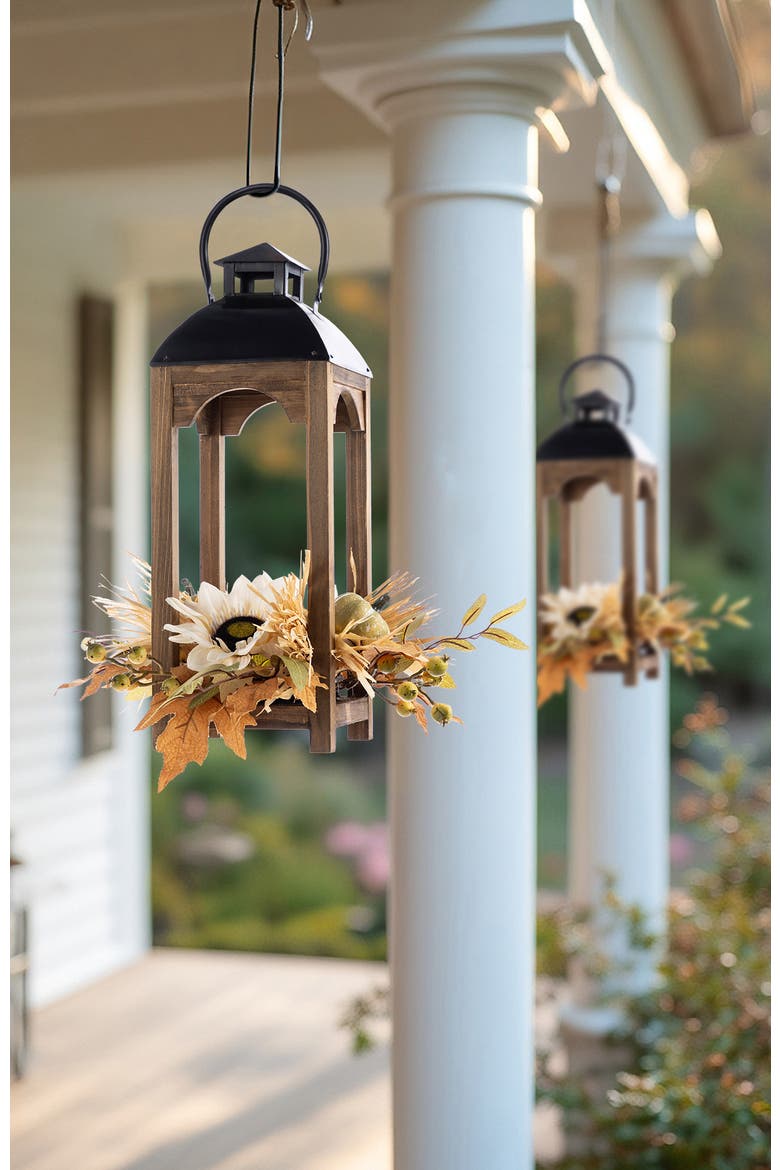 Fall Neutral Sunflower Pumpkin and Leaf Wood Lantern Centerpiece, Alternate, color, White