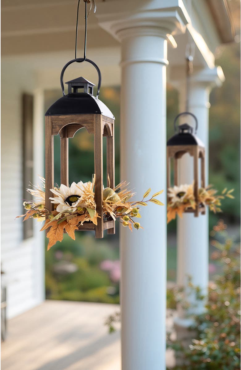 Glitzhome Fall Neutral Sunflower Pumpkin and Leaf Wood Lantern Centerpiece, Alternate, color, White