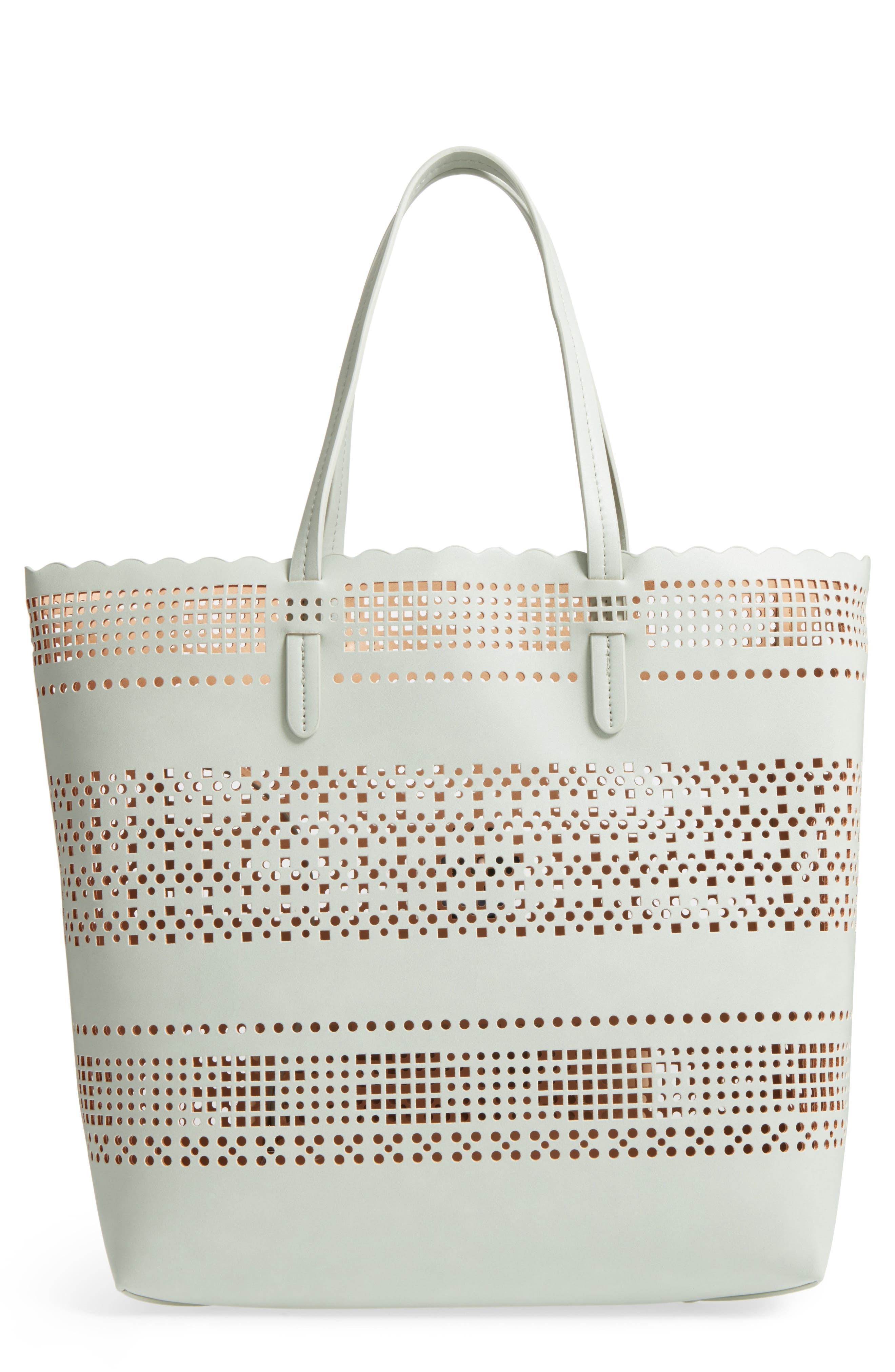 Casey Geometric Cutout Faux Leather Tote & Pouch, Main, color, GREEN AQUA