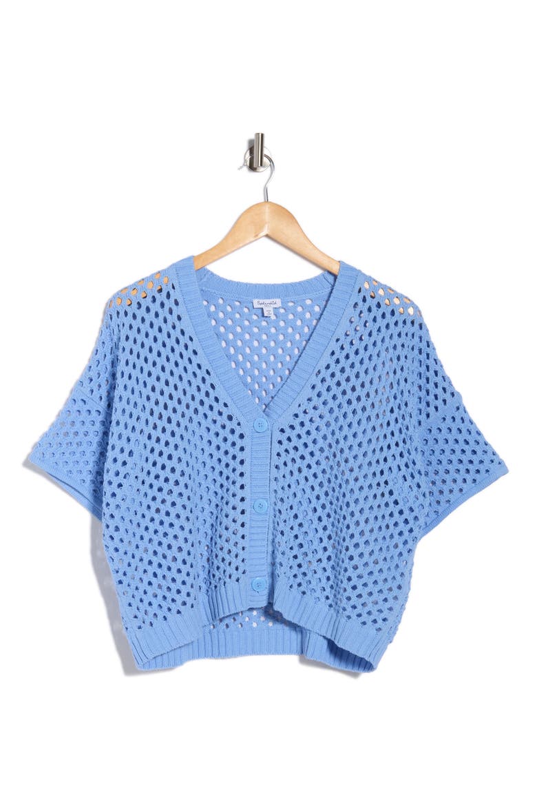 Nina Pointelle Short Sleeve Cardigan, Alternate, color, STEEL BLUE