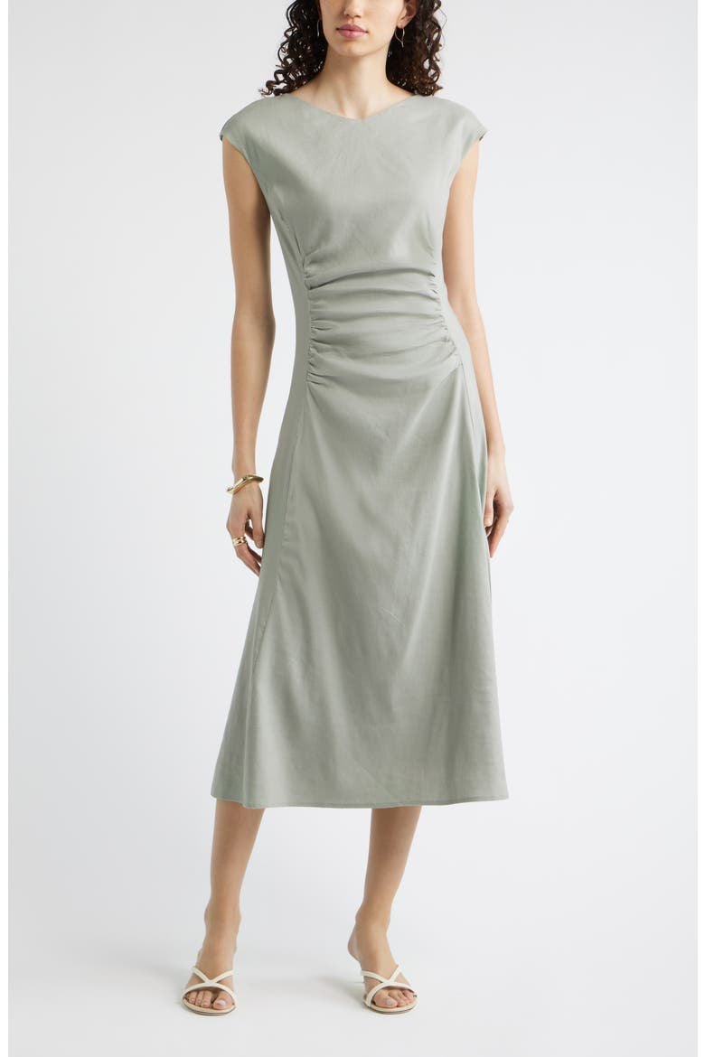Linen Blend Ruched Midi Dress, Main, color, GREEN CHAPARRAL