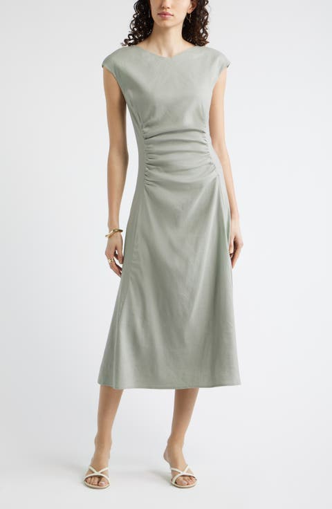 Linen Blend Ruched Midi Dress
