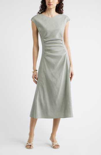 chinese dress ladies Ruched Neck Linen Dress Green main image 1