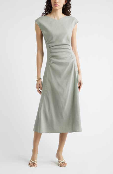 Linen Blend Ruched Midi Dress