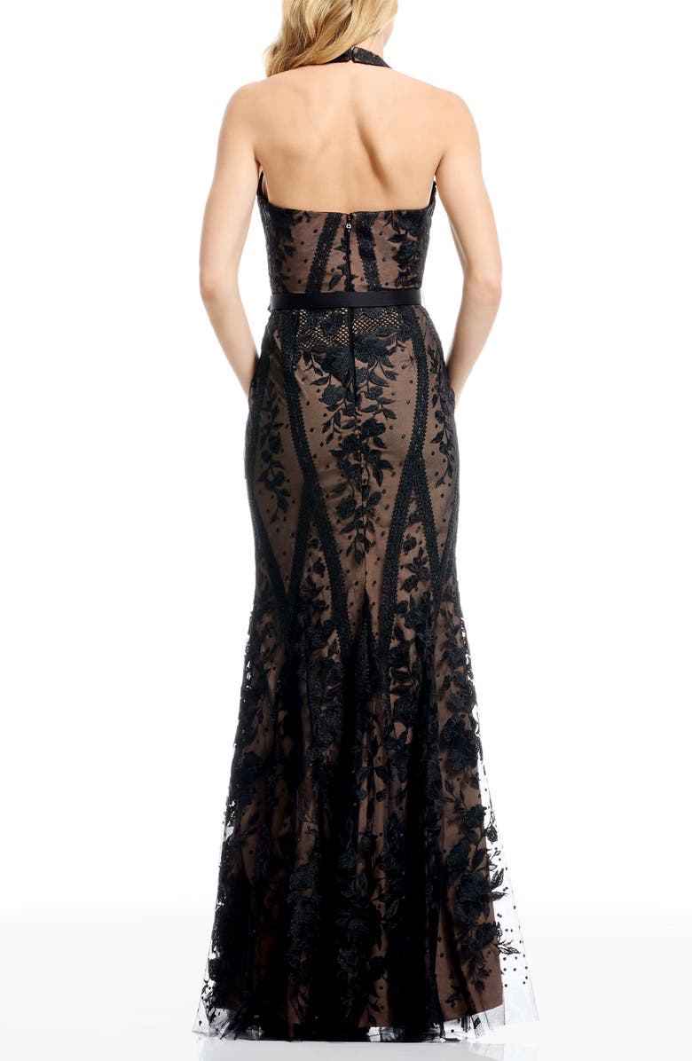 Dress the Population Devin Embroidered Lace Halter Evening Gown, Alternate, color, Black/Nude