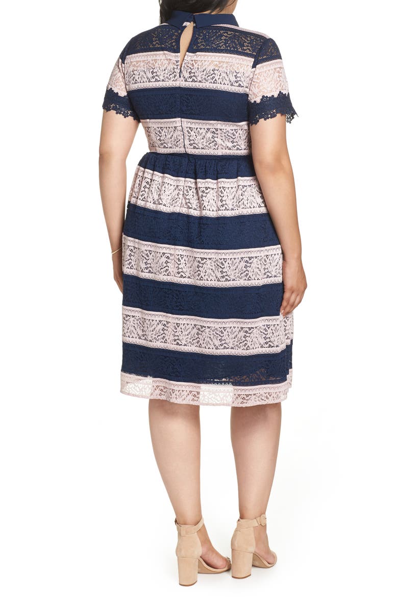 Stripe Lace Fit & Flare Dress, Alternate, color, NAVY STRIPE