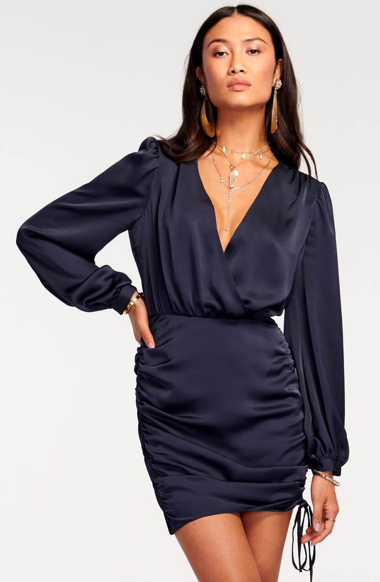 Ramy Brook Foxy Side Ruched Long Sleeve Satin Dress, Alternate, color, 