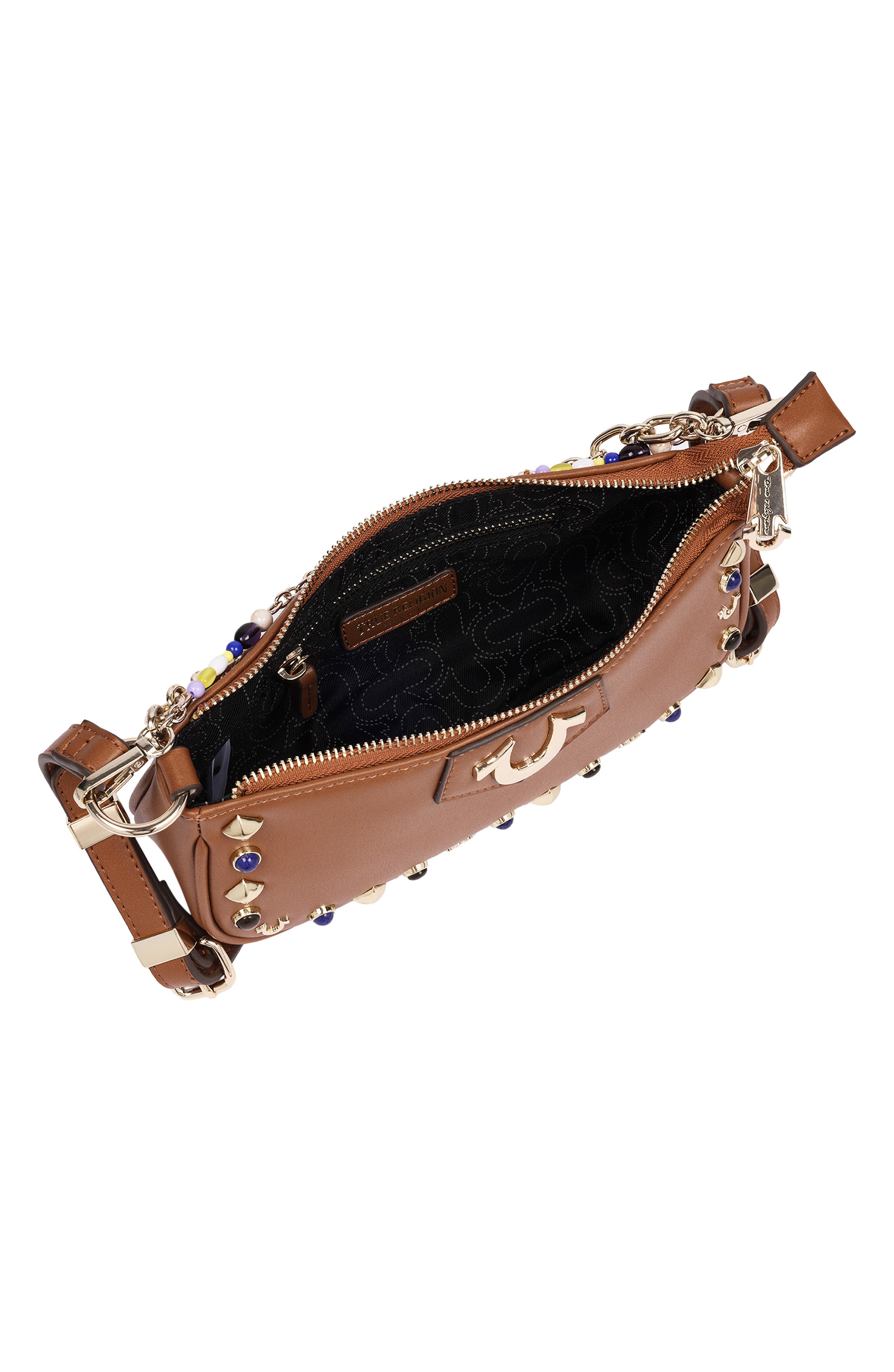 Chain and Studs Faux Leather Shoulder Bag, Alternate, color, COGNAC