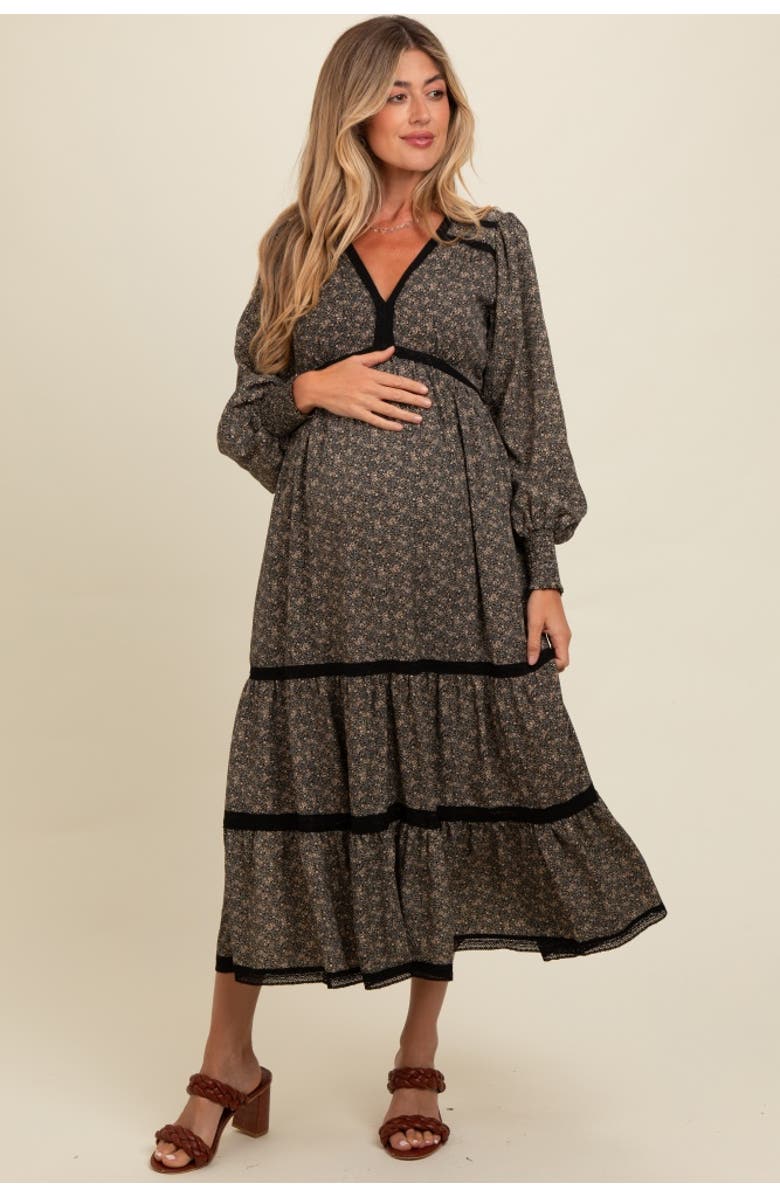 PinkBlush Floral Lace Trim Bubble Sleeve Maxi Dress, Alternate, color, Black