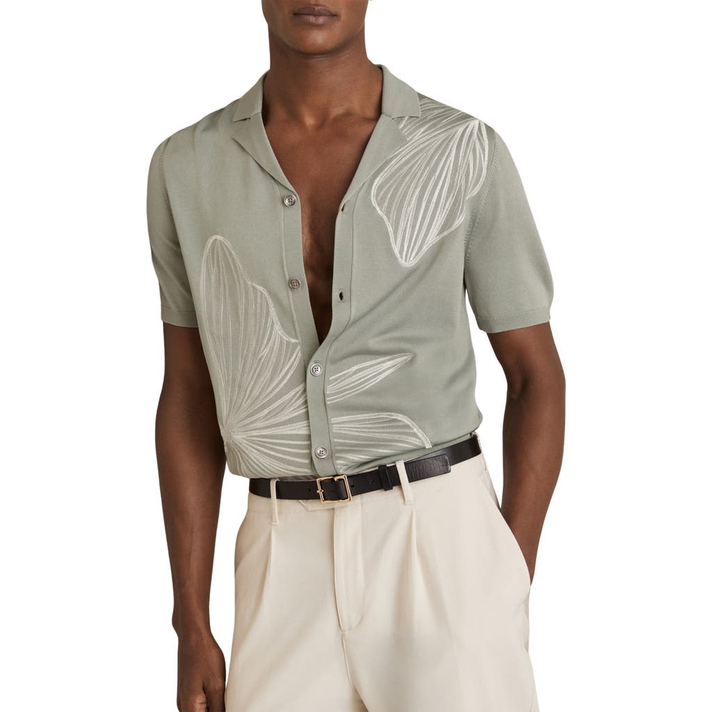 Reiss Mens Laurent Floral-embroidered Stretch-knit Shirt Soft Sage In Gray