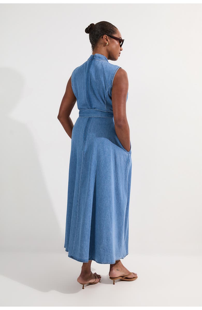 Karen Millen Belted Denim Midi Dress, Alternate, color, Mid Blue