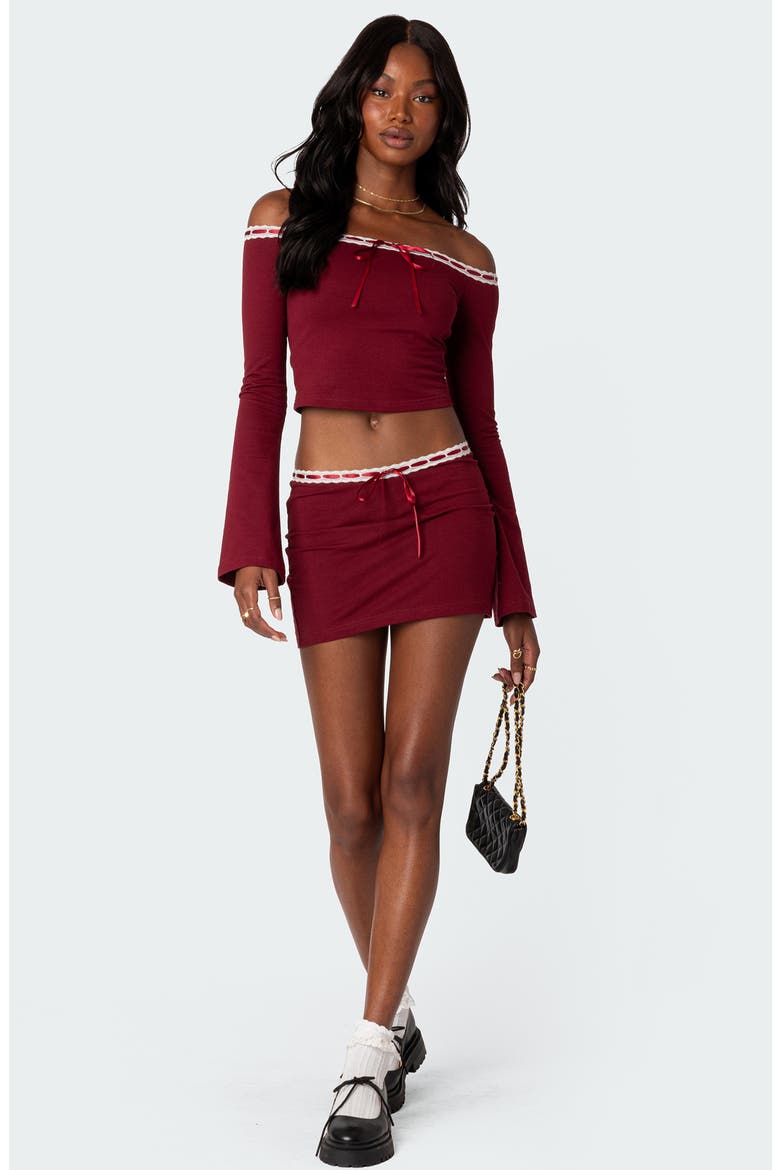 Seline Ribbon Trim Off the Shoulder Crop Top, Alternate, color, BURGUNDY