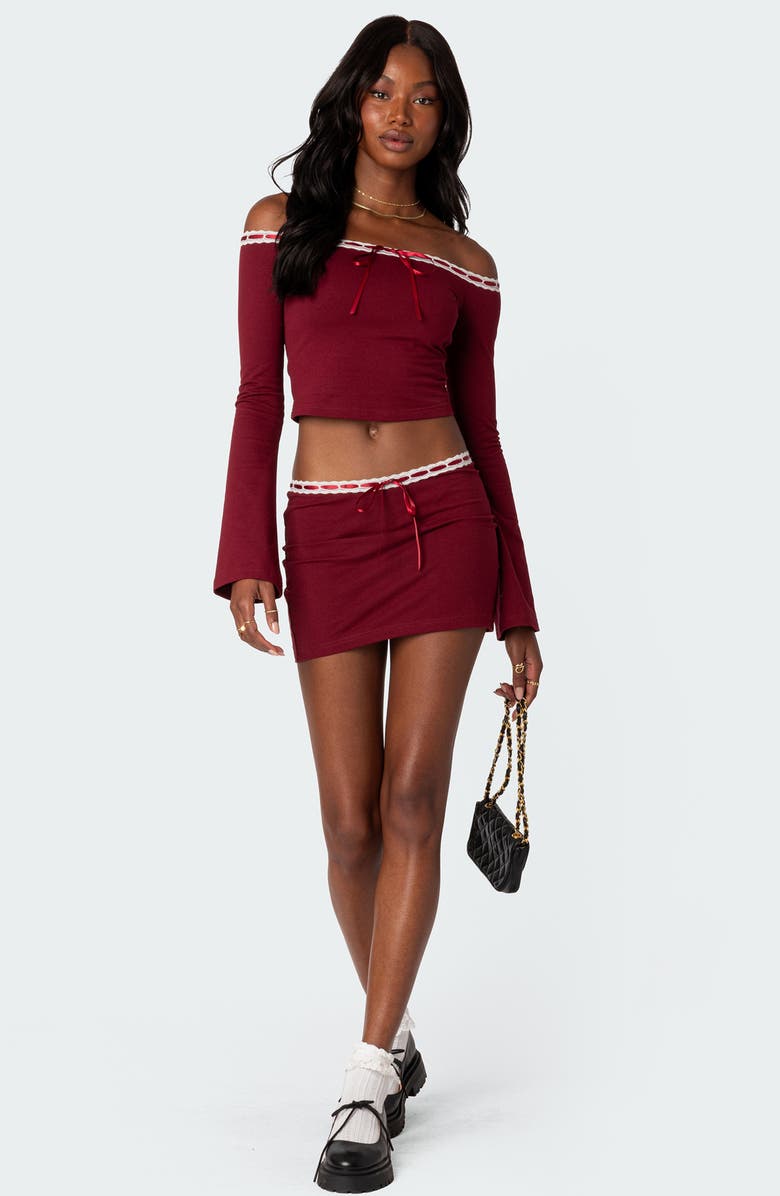 EDIKTED Seline Ribbon Trim Off the Shoulder Crop Top, Alternate, color, Burgundy