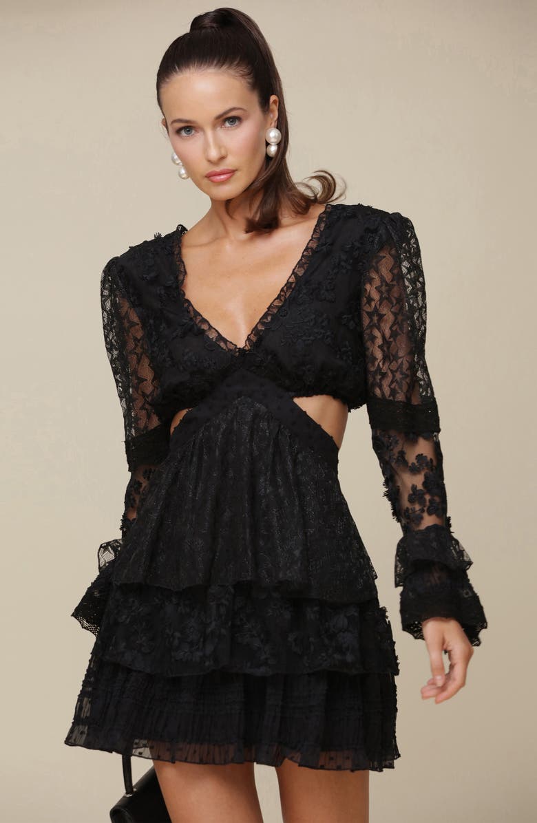 Avec Les Filles Mixed Lace Long Sleeve Tiered Minidress, Alternate, color,