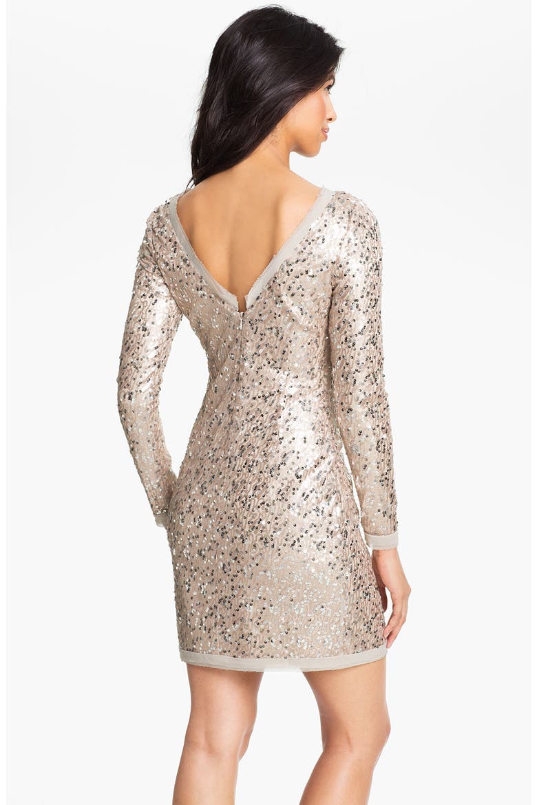 Long Sleeve V-Back Sequin Sheath Dress, Alternate, color, TAUPE