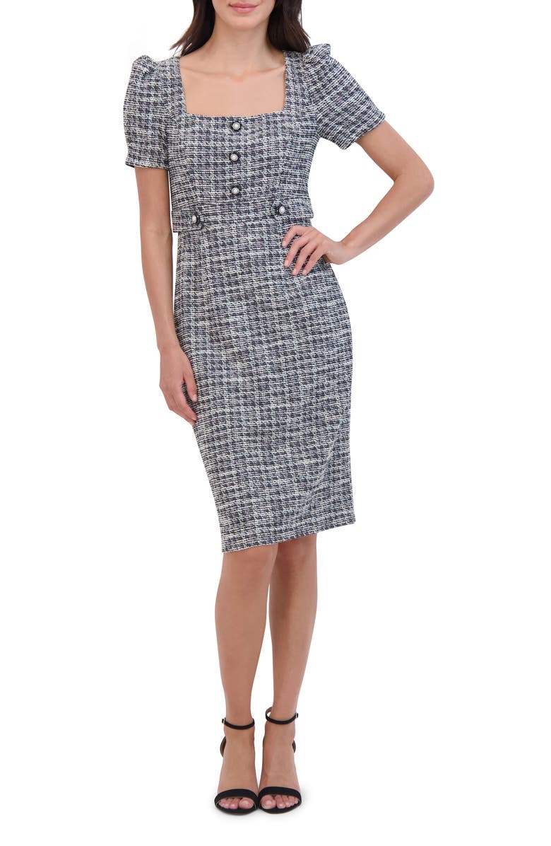 Eliza J Puff Sleeve Tweed Sheath Dress, Main, color, Black Ivory