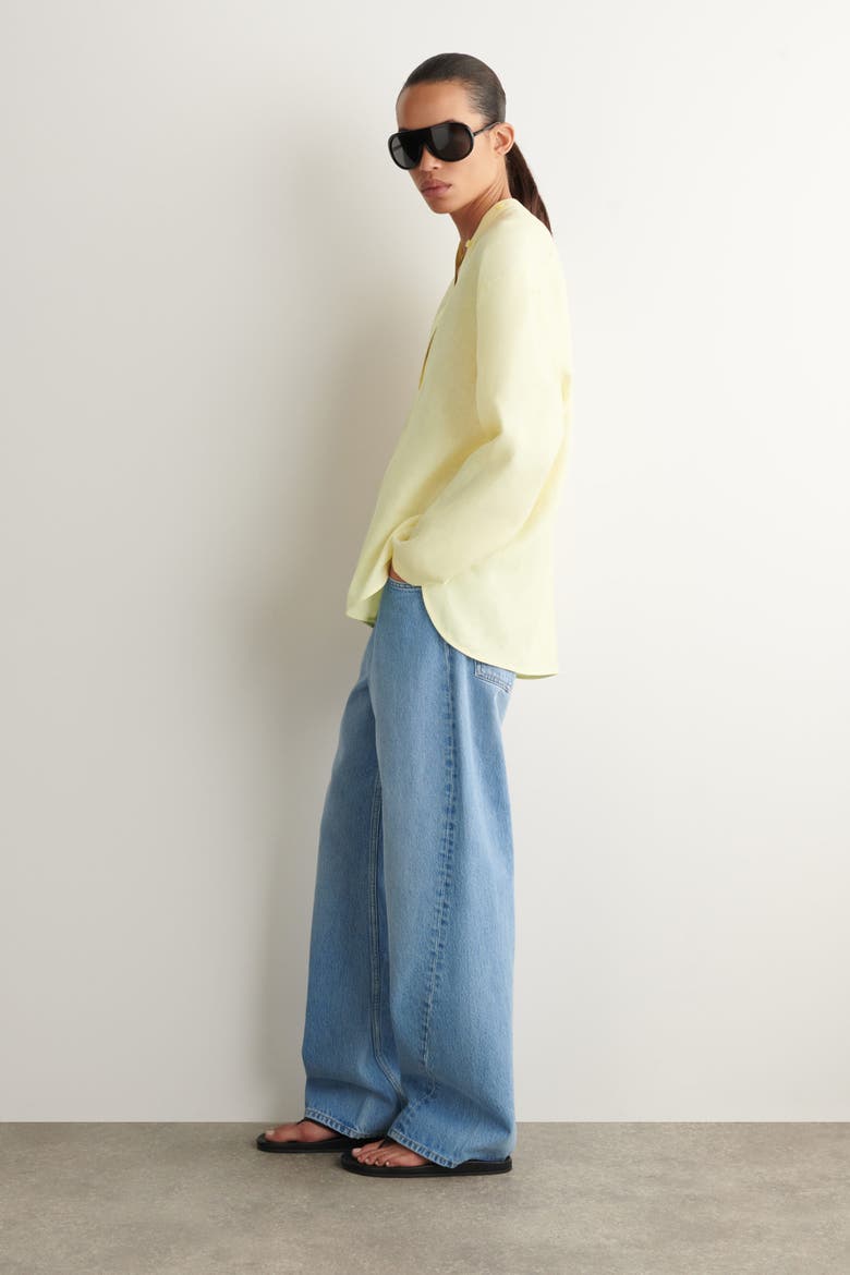 Button-detail Linen V-neck Shirt, Alternate, color, YELLOW