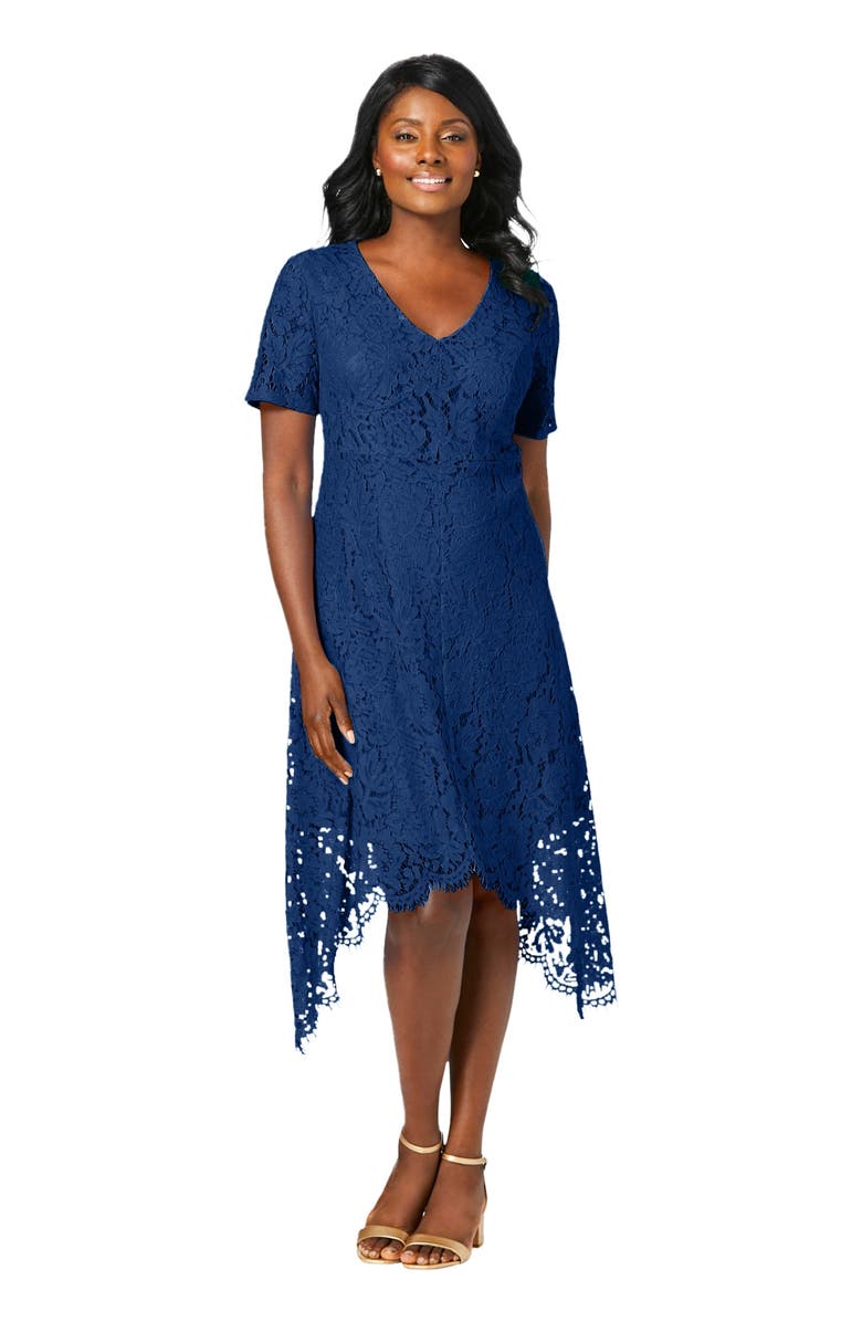 Jessica London Lace Handkerchief Dress, Main, color, Evening Blue