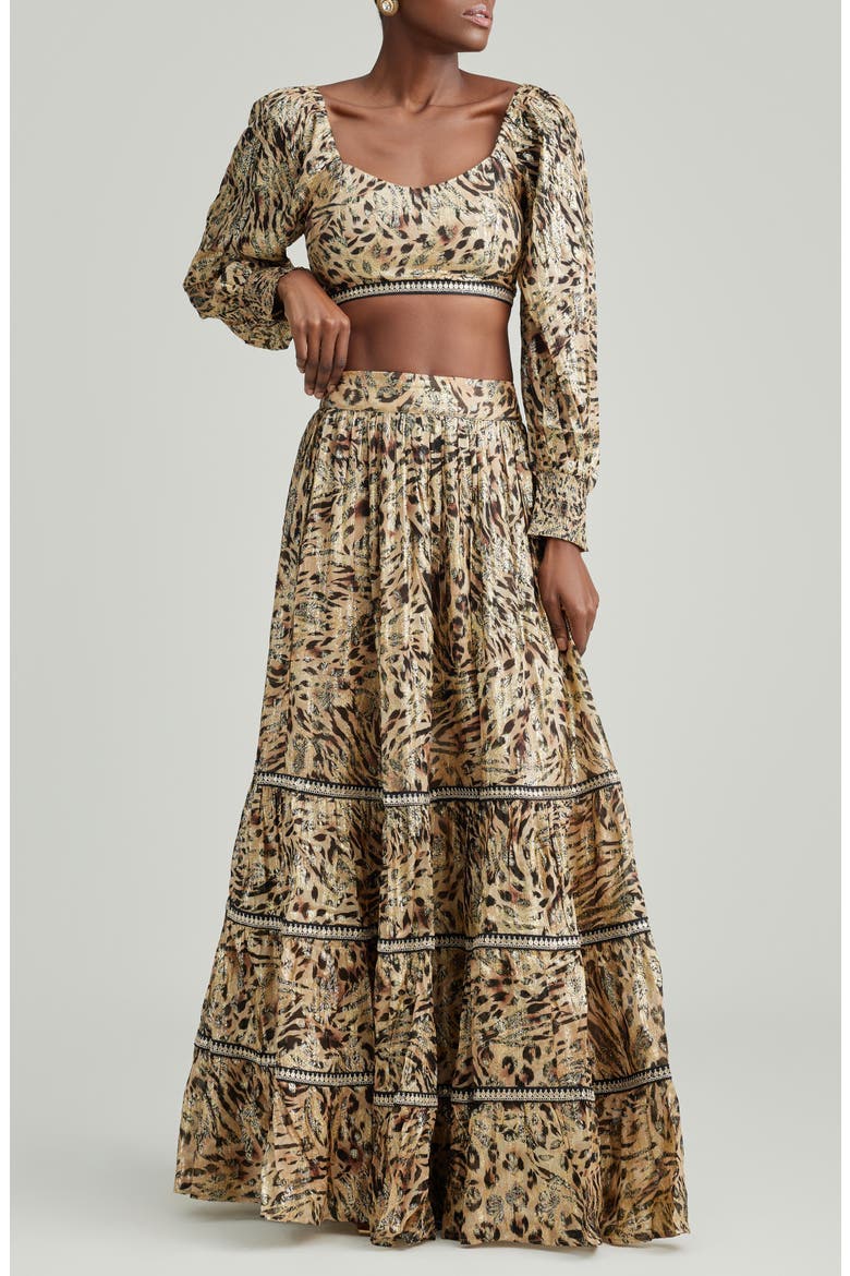 Kiara Metallic Leopard Print Lehenga Set, Alternate, color, BROWN