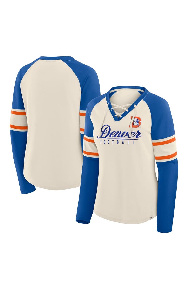 FANATICS Women's Fanatics Cream/Royal Denver Broncos Hometown Gridiron Hero Raglan Lace-Up V-Neck Long Sleeve T-Shirt, Main, color, Cream