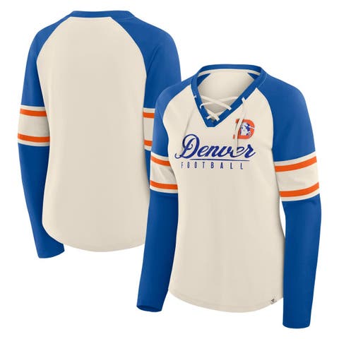 Women's Fanatics Cream/Royal Denver Broncos Hometown Gridiron Hero Raglan Lace-Up V-Neck Long Sleeve T-Shirt