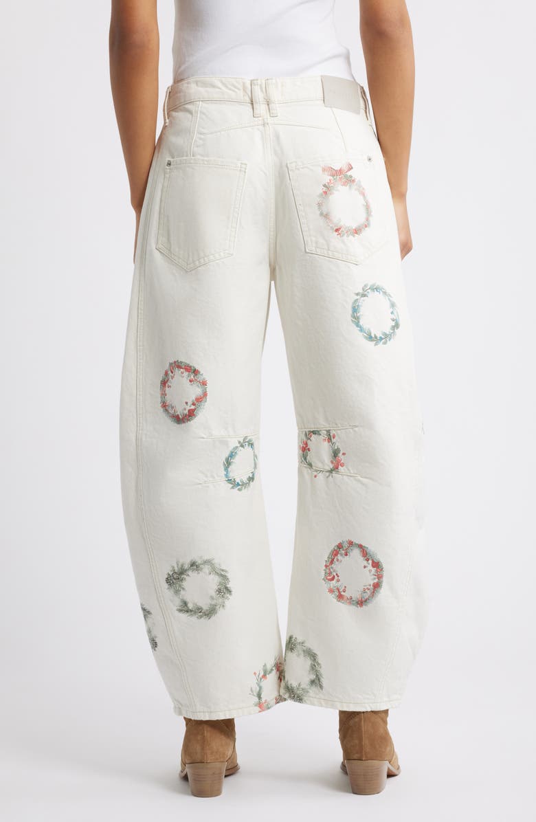 Free People Good Luck Floral Print Barrel Jeans, Alternate, color, Watercolor Wreath