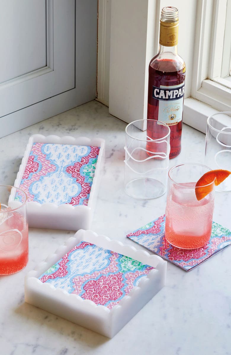 Mariposa Provençal Cotton Pink White Scalloped Cocktail Napkin Set, Alternate, color, White