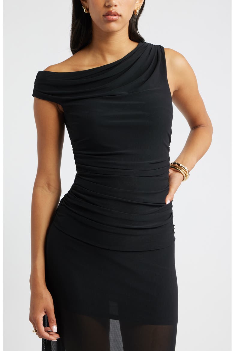 One-Shoulder Mesh Maxi Dress, Alternate, color, BLACK