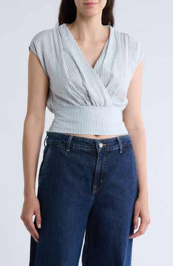 Renee C Stripe Smocked Back Linen Blend Top