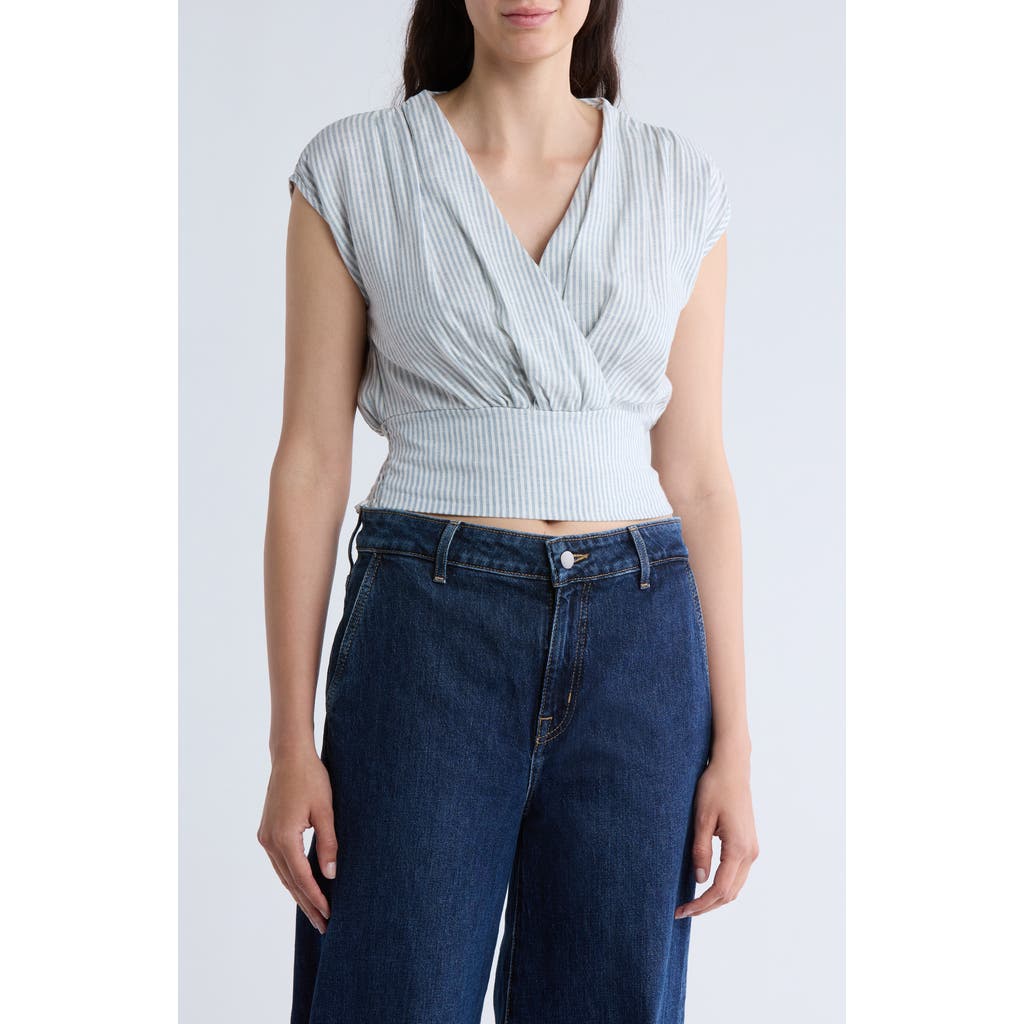 RENEE C RENEE C STRIPE SMOCKED BACK LINEN BLEND TOP