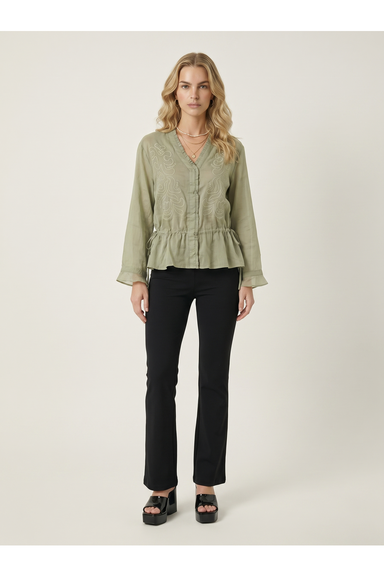 Embroidered Ruffle Trim Blouse with Drawstring Waist and Flared Cuffs, Alternate, color, Green