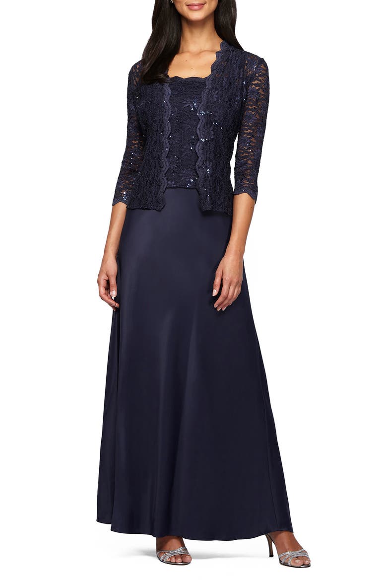 Sequin Lace & Satin Gown with Jacket, Main, color, MIDNIGHT