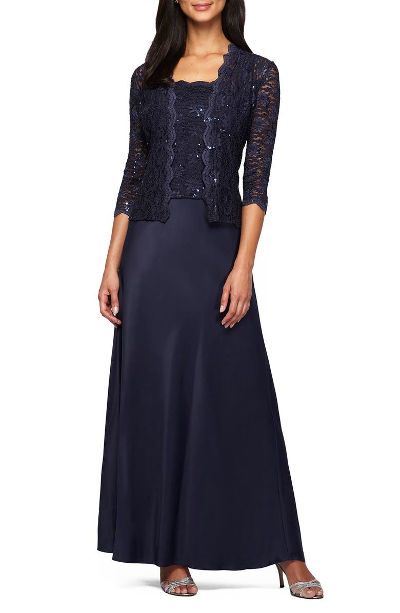 Alex Evenings Sequin Lace & Satin Gown with Jacket, Main, color, Midnight