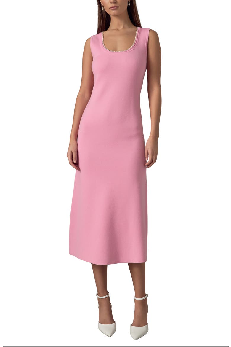 Faux Pearl Detail Knit Midi Dress, Main, color, PINK
