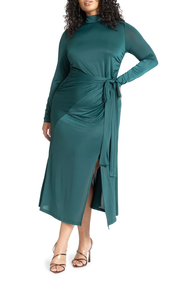 ELOQUII Mock Neck Long Sleeve Tie Belt Midi Dress, Main, color, 