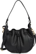 AIMEE Whipstitched Leather Drawstring Bucket Bag