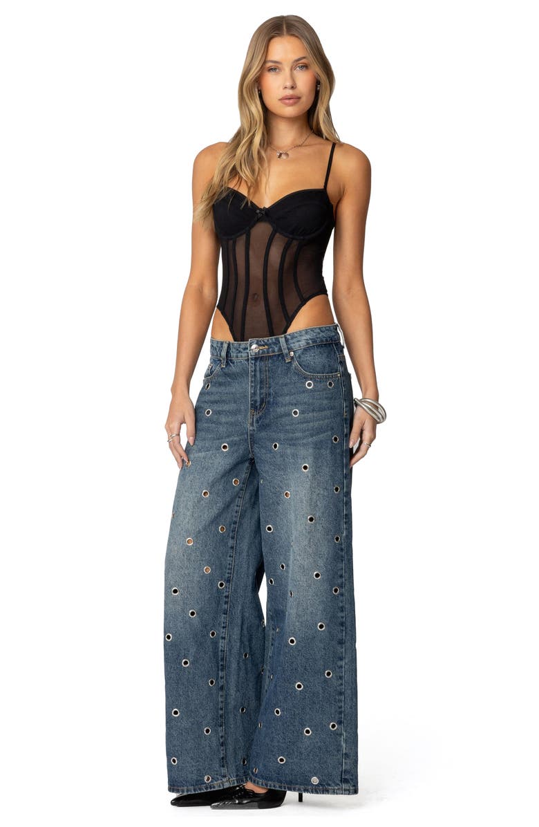 EDIKTED Jenia Bustier Mesh Bodysuit, Alternate, color, Black