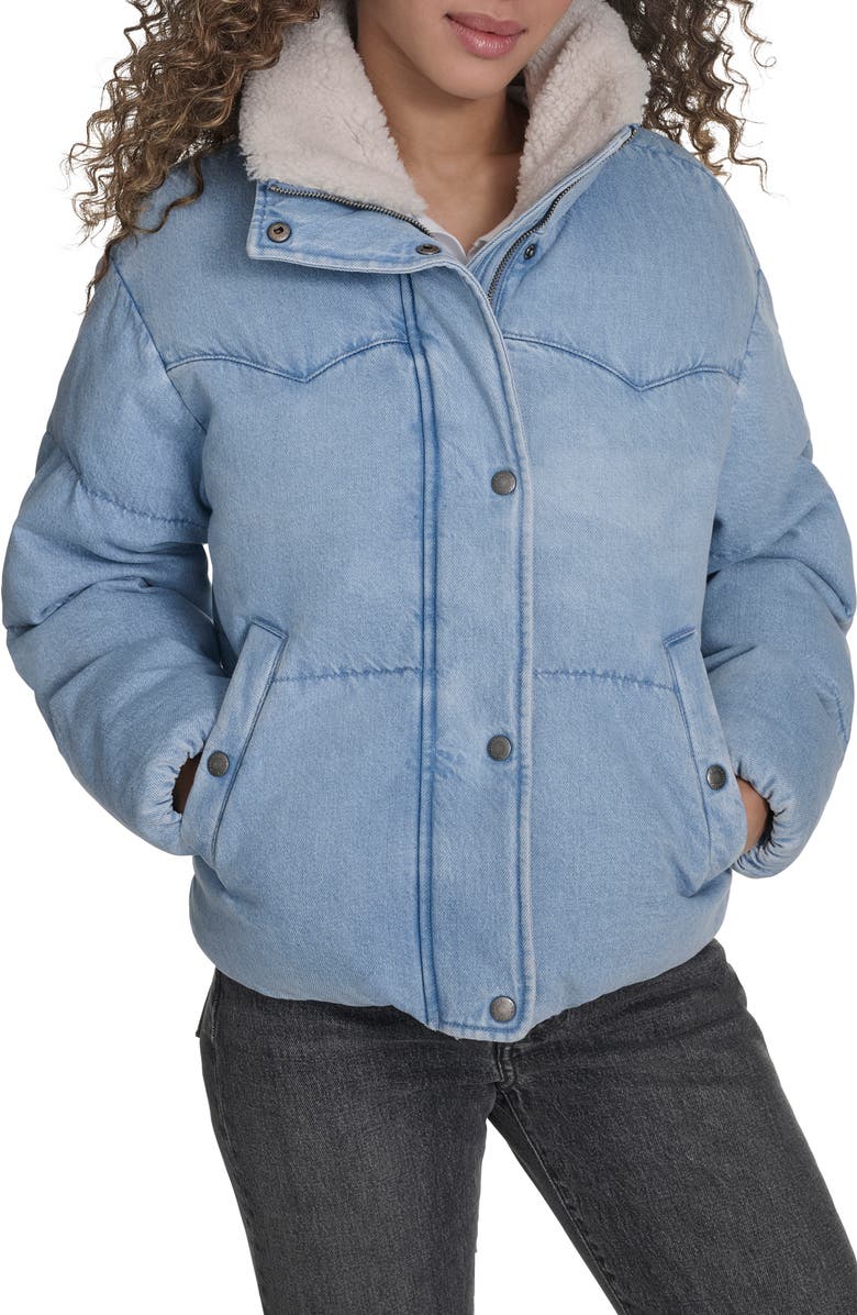 Levi's Western Denim Faux Shearling Collar Puffer Jacket, Main, color, Light Wash Denim