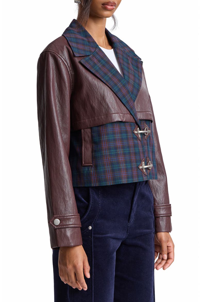 Colorblock Faux Leather Cropped Jacket, Alternate, color, BLUE PLAID- BURGUNDY