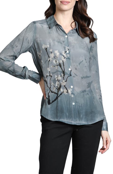 Abstract Print Roll Tab Sleeve Chiffon Button-Up Shirt